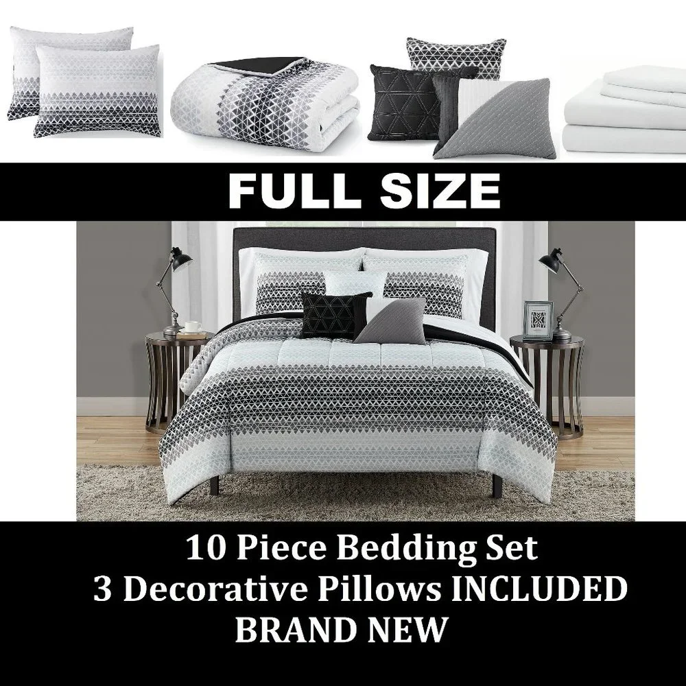 NEW FULL SIZE 10 Piece Bed in a Bag Comforter Bedding Sheets 3 Decorative Pillow